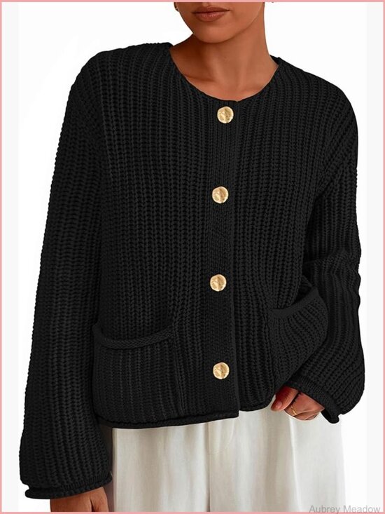 Sweaters - Oversized Chunky Knit Cardigan with Pockets Crewneck Button Up